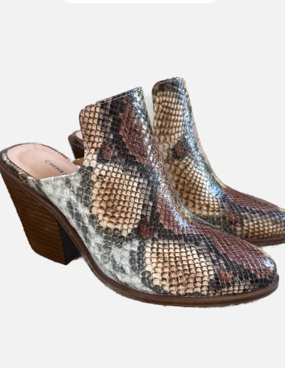 Chinese Laundry Snake-Print Bronze Brown and Tan Mule Western Heels